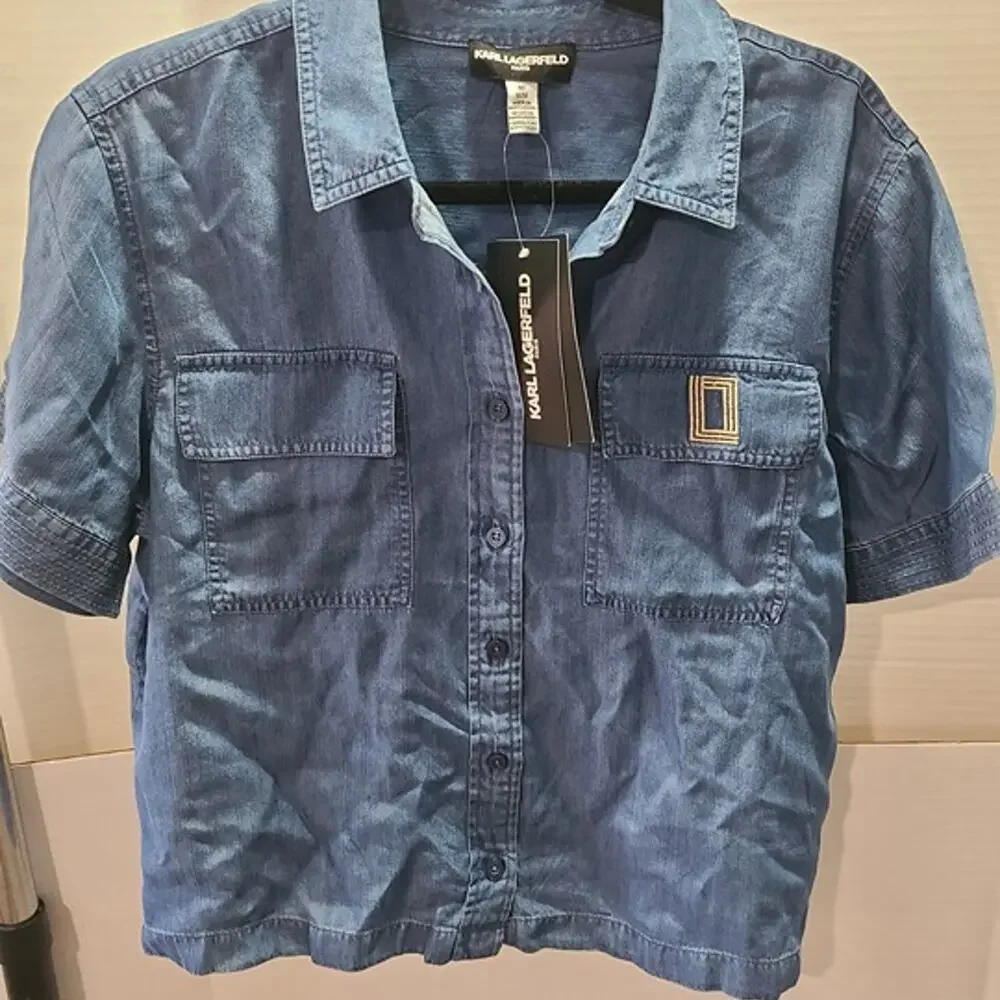 Karl Lagerfeld Paris Chambray Button Up Shirt Women's Medium NWT Denim Blue